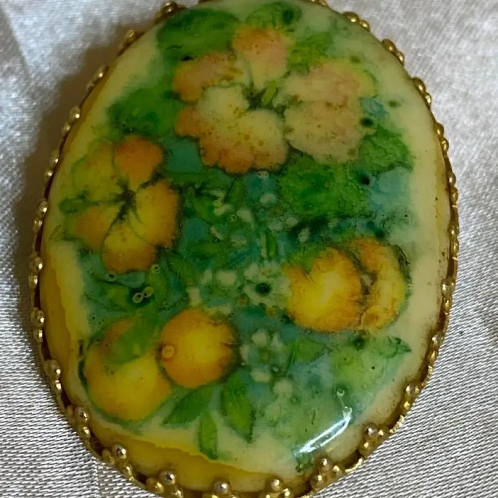 Vintage Lucite West Germany Floral  hand painted reverse painted  brooch
